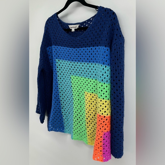 Davi & Dani Rainbow Color Block Open Crochet Knit Sweater Retro Indie Style Sz M - Picture 3 of 7